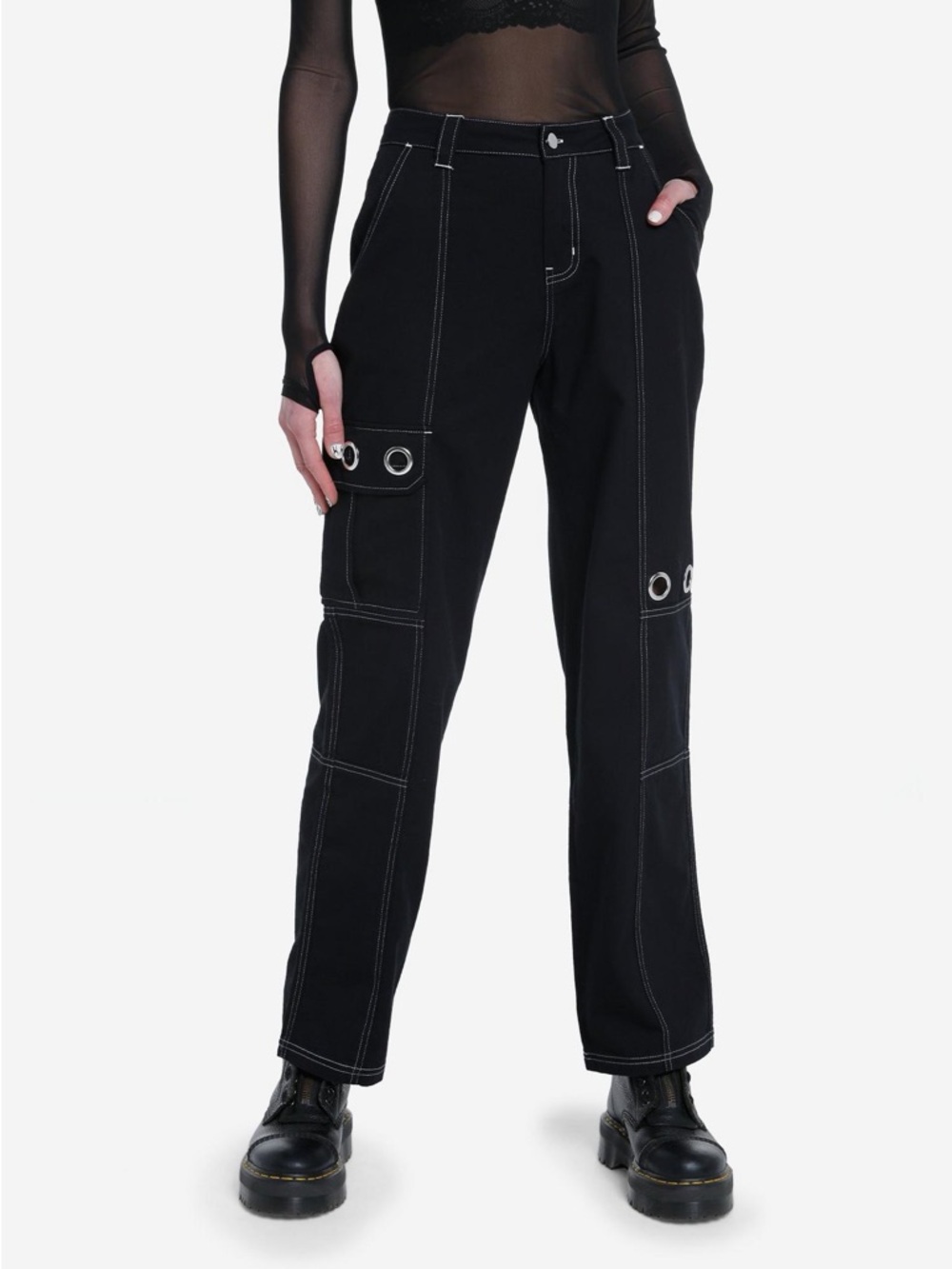 HOT TOPIC 100% Cotton Womens Black Punk Rock Gothic Cargo Grommet Pant EUC 9
